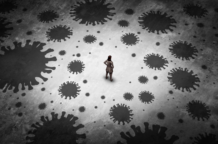 3D illustration of a man in the middle of viruses of multiple sizes