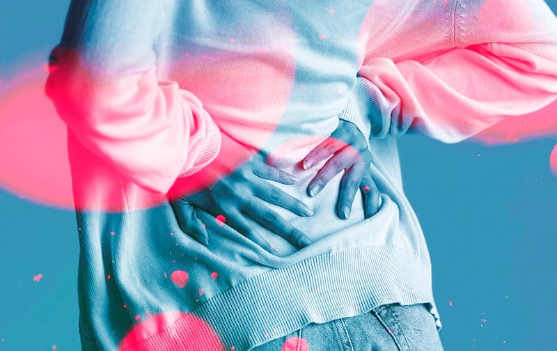 Woman suffering back pain double color exposure effect